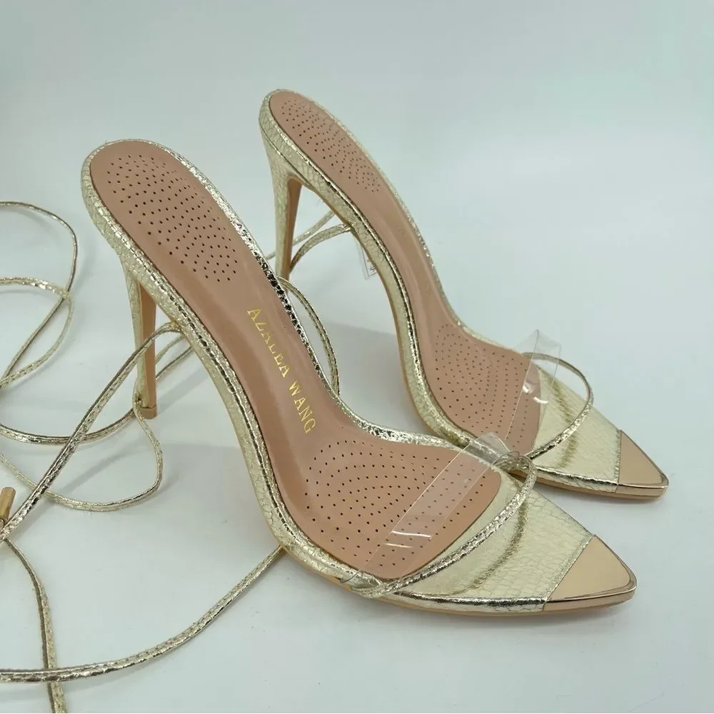 Azalea Wang Gold Clear Strap Lace Up Stiletto Heels Embossed Wrap Sandals 8.5